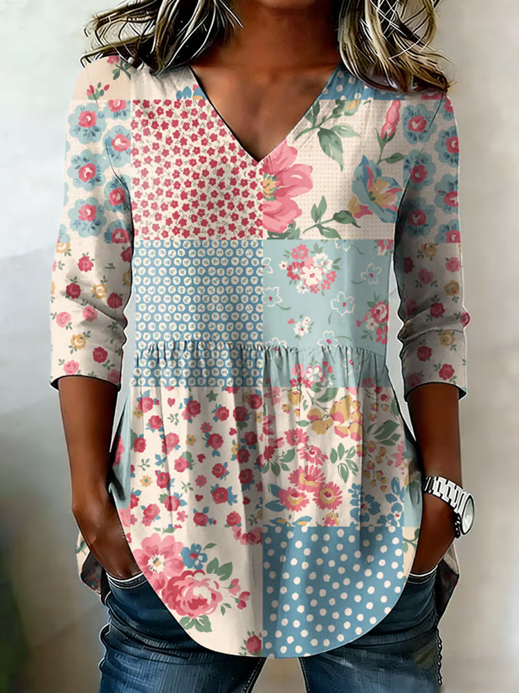 Women's Casual Retro Floral Patchwork Art Print Cotton Tops