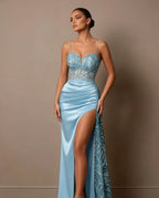 Cocoslly Spaghetti Straps Sleeveless High Waist Long Prom Dress With Split And Beading Pearls | Dark Green Satin LX0098