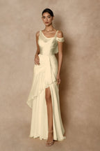 Cocoslly Wide Straps Sleeveless High Waist Long Prom Dress With Split And Ruffles | Glod Chiffon