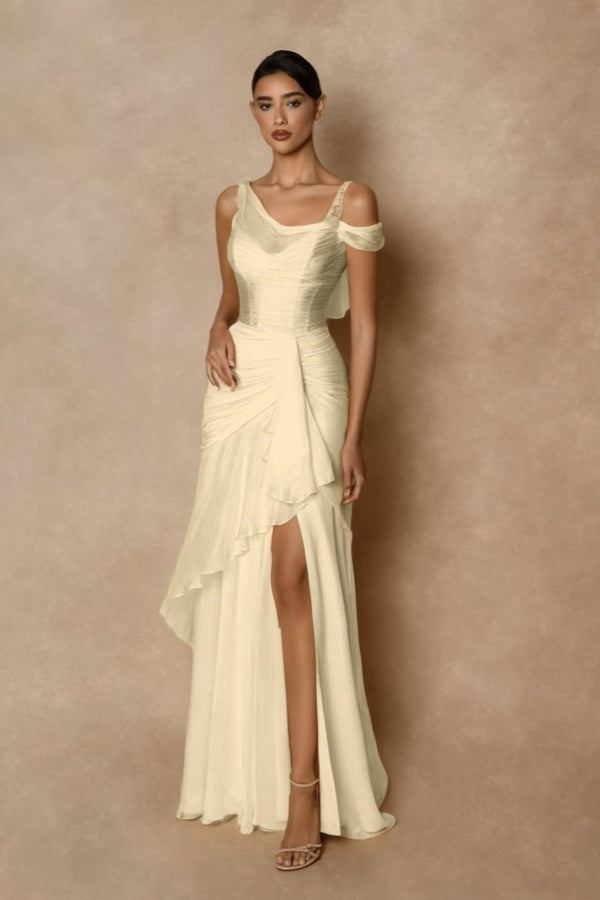 Cocoslly Wide Straps Sleeveless High Waist Long Prom Dress With Split And Ruffles | Glod Chiffon