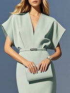 Light Green Slit Classic V Neck Cap Sleeve Dolman Sleeve Sheath Midi Dress