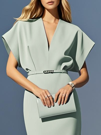 Light Green Slit Classic V Neck Cap Sleeve Dolman Sleeve Sheath Midi Dress