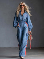 Retro Sporty Blue Cotton-Linen Collared Button-Front Cargo Wide-Leg Jumpsuit