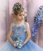 Cocoslly Spaghetti Straps  Sleeveless Flower Girl Dress With Appliques And Rhinstone | Dusty Blue Tulle FL0020