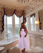 Cocoslly Wide Strapless Sleeveless High Waist Long Prom Dress With Pleated | Pink Satin LX0097