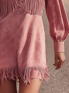 Vintage-style Loose Pink Faux Suede Fringe Mini Dress