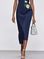 Purplish Blue Embroidery Applique Sheath Midi Dress
