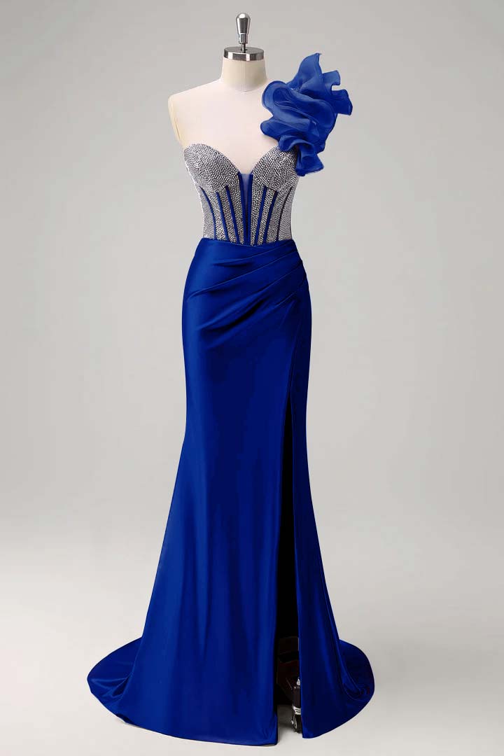 Satin V-Neck Strapless Sleeveless Long Pleated Mermaid Prom Dress With Rhinstone And High Split YK0320