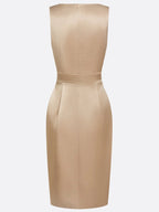Champagne Ruched Buckle Satin Cowl Neck Sleeveless Sheath Midi Dress