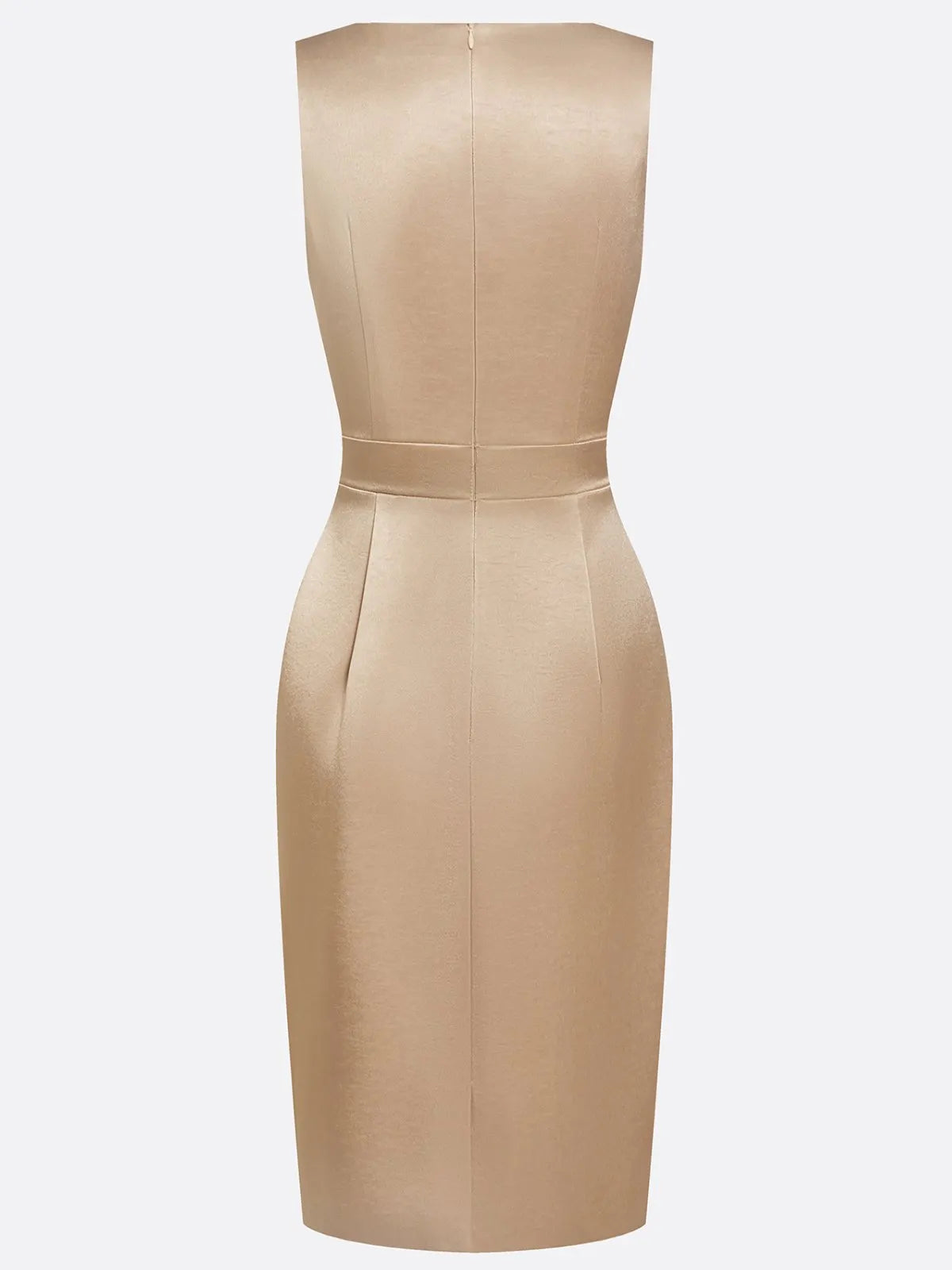 Champagne Ruched Buckle Satin Cowl Neck Sleeveless Sheath Midi Dress