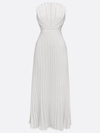 White Pleated Satin Strapless Sleeveless A-Line Maxi Dress