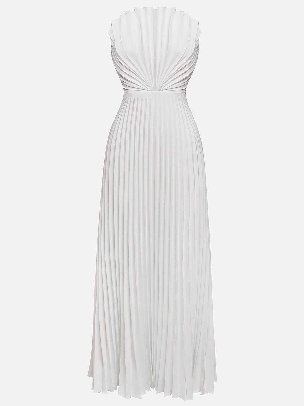 White Pleated Satin Strapless Sleeveless A-Line Maxi Dress