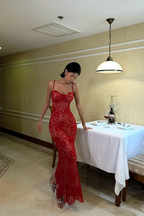 Cocoslly Spaghetti Straps Sleeveless High Waist Long Mermaid Prom Dress | Red Lace LR0435
