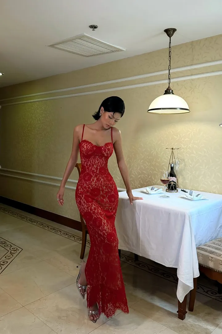 Cocoslly Spaghetti Straps Sleeveless High Waist Long Mermaid Prom Dress | Red Lace LR0435