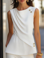 Elegant White Draped Top with Button Detail