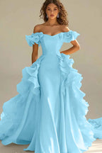 Off the Shoulder Sleeveless Long Mermaid Prom Dress With Ruffles JQ0149