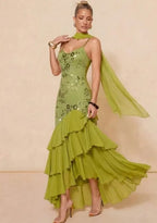 Cocoslly Spaghetti Straps Sleeveless High Waist Long Prom Dress With Ruffles And Sequins | Sage Chiffon LR0491