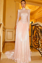 Cocoslly High Neck Long Sleeves High Waist Long Prom Dress With Sequins | Champage Chiffon YC0572