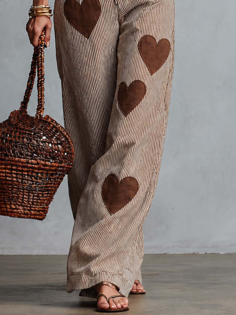 Retro Casual Comfortable Heart Pattern Brown Striped Pants