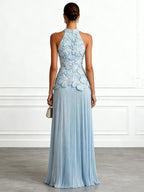 Light Blue Jacquard Chiffon Halter Neck Sleeveless A-Line Floor-length Gown Dress