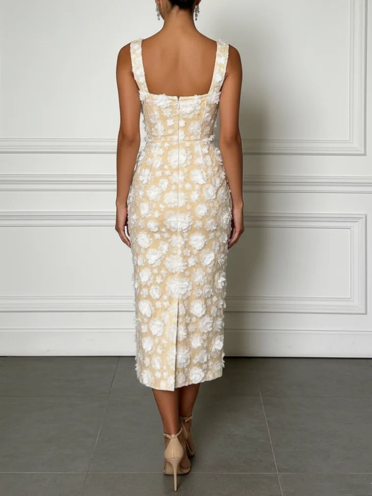 White 3D Floral Classic Square Neck Sleeveless Sheath Midi Dress