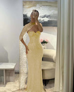Tulle V-Neck Strapless Sleeveless Long Mermaid Prom Dress With Sequins And Ruffles YK0184