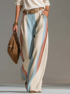 Retro Casual Ivory Surplice V-Neck Top And Blue Red Striped Wide-Leg Cotton-Linen Pants Set