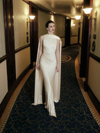 Cocoslly Sleeveless High Waist Long Mermaid Prom Dress With Scarf | Ivory Satin CO0199