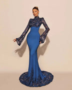 High Neck Lace Long Sleeves Long Mermaid Prom Dress With Pleated YK0572