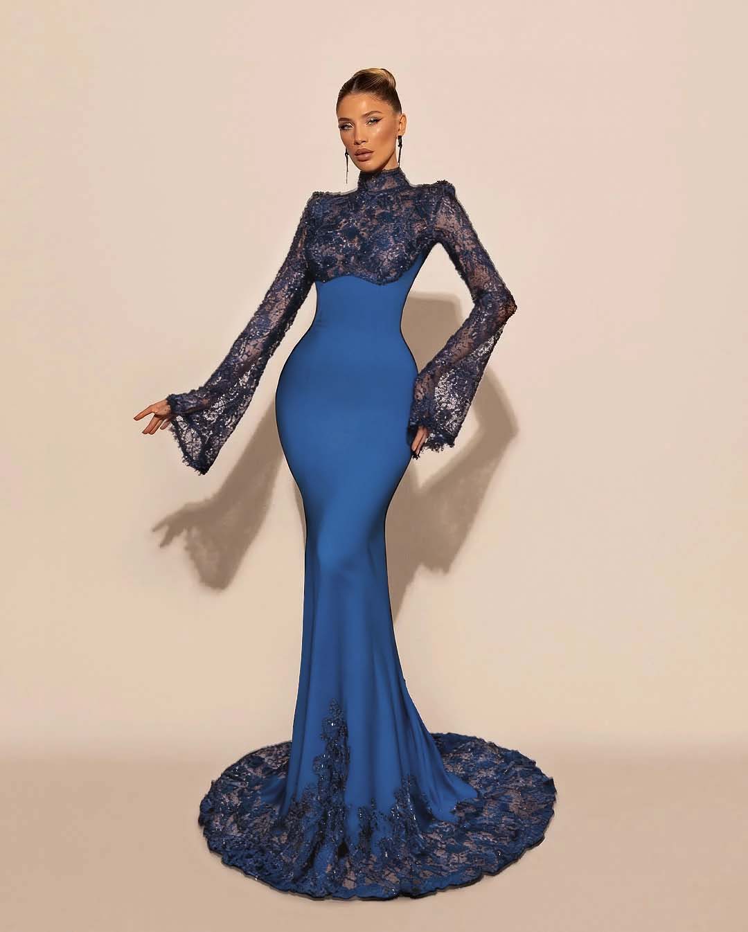 High Neck Lace Long Sleeves Long Mermaid Prom Dress With Pleated YK0572
