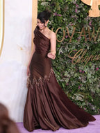 Cocoslly One Shoulder Sleeveless High Waist Long Prom Dress With PLeated | Brown Satin CO0037