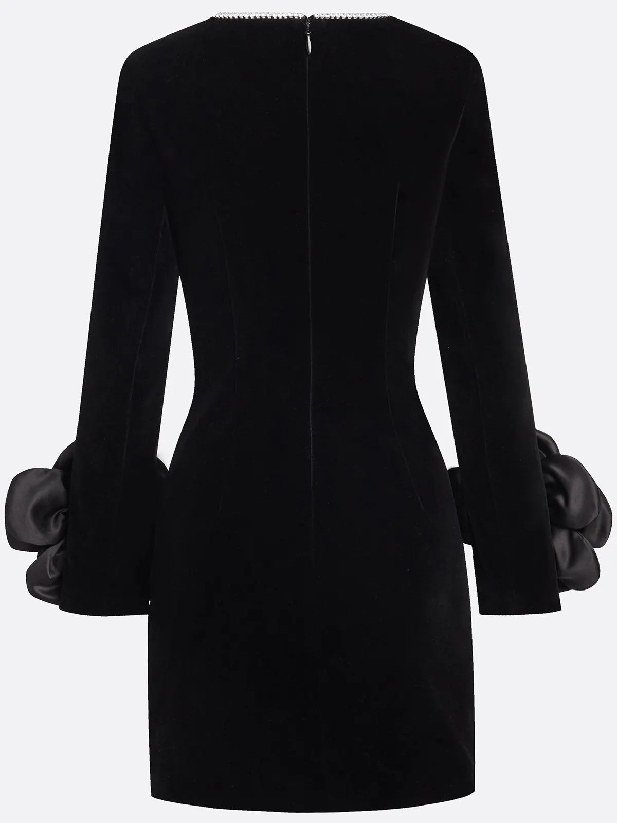 Black 3D Floral Rhinestone Velvet Crew Neck Long Sleeve Sheath Mini Dress