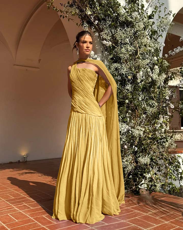 Chic One Shoulder Sleeveless Long Prom Dress With Pleated Shawl WQ0343
