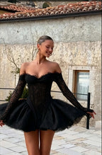 Cocoslly Strapless Long Sleeves Short Prom Dress With Appliques And Pleated | Daffodil Lace YQ0138