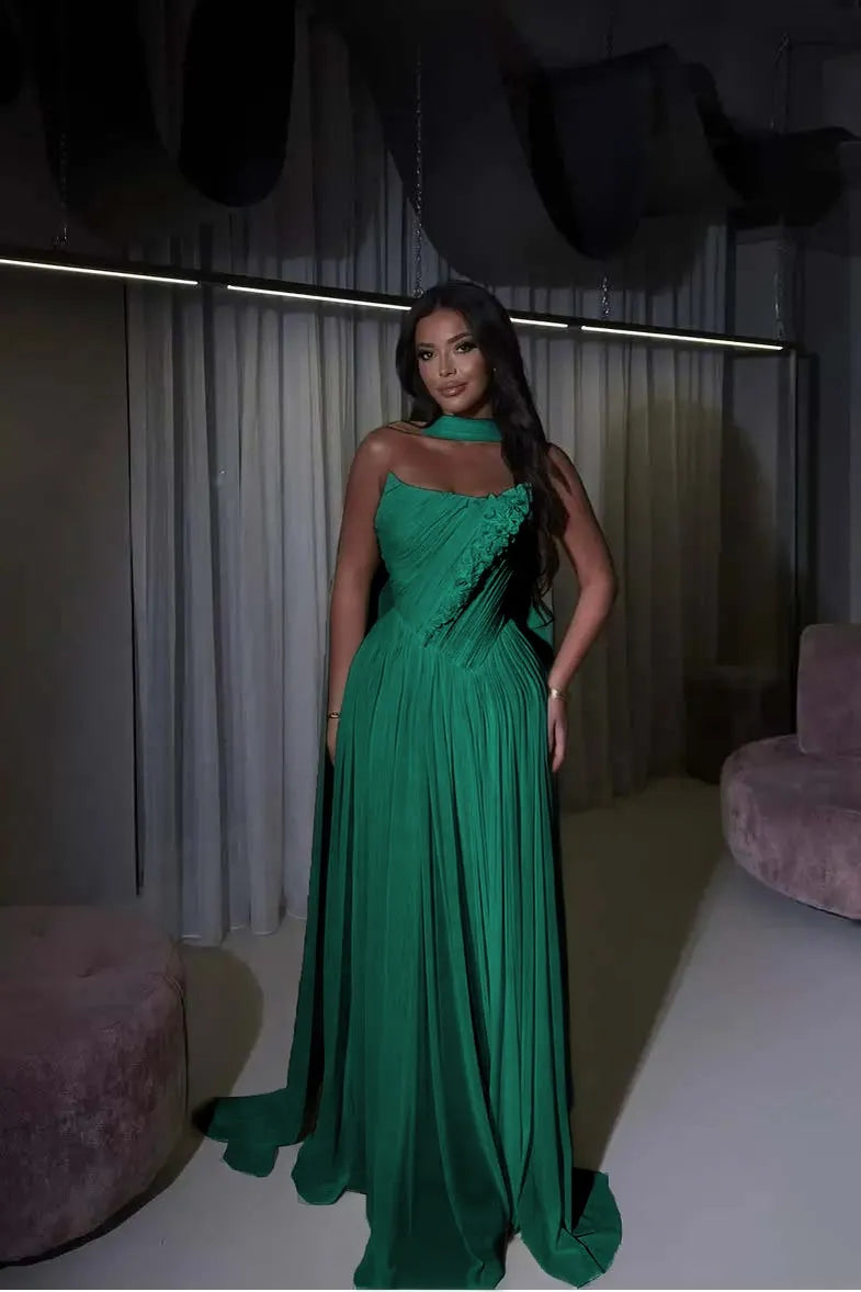 Cocoslly Strapless Sleeveless High Waist Long Prom Dress With Appliques And Scarf | Daffodil Chiffon YQ0072
