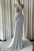 Cocoslly One Shoulder Sleeveless High Waist Long Mermaid Prom Dress With Pearls | Dusty Blue Satin JZ0162