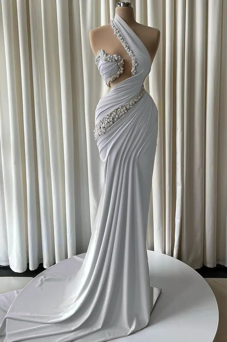 Cocoslly One Shoulder Sleeveless High Waist Long Mermaid Prom Dress With Pearls | Dusty Blue Satin JZ0162