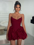 Cocoslly Strapless Sleeveless Short A-Line Pleated Prom Dress With Ruffles And Flower | Light Champage Satin ZA0278