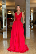Straps Sleeveless High Waist Long Prom Dress With Pockets Pleated MS0387