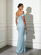 Light Blue Jacquard Glitter Classic Off The Shoulder Short Sleeve Mermaid Floor-length Gown Dress