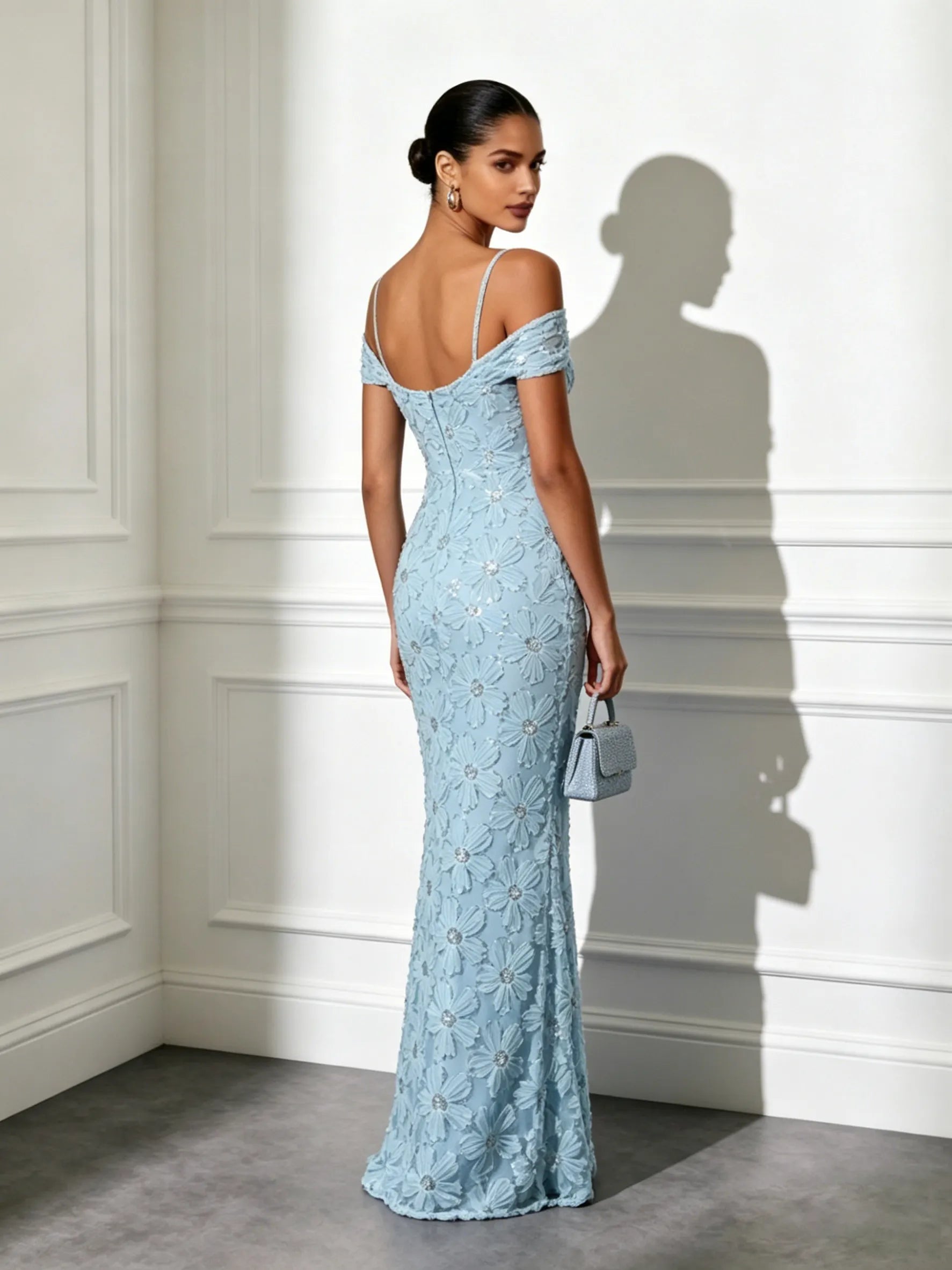 Light Blue Jacquard Glitter Classic Off The Shoulder Short Sleeve Mermaid Floor-length Gown Dress