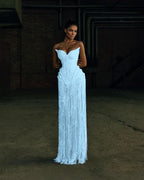 Cocoslly Strapless Sleeveless High Waist Long Prom Dress | Silver White Beading Pearls YK1253