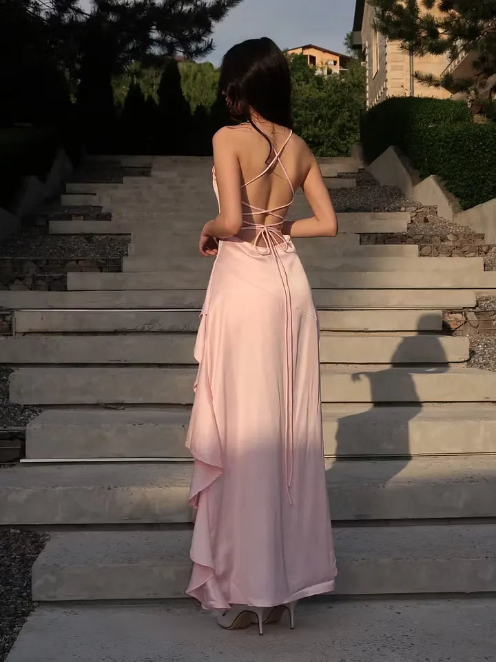Cocosll Spaghetti Straps Sleeveless High Waist Long Prom Dress With Ruffles | Blushing Pink Satin YC0564