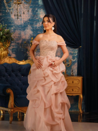 Tulle Strapless Off-The-Shoulder Sleeveless Long Pleated A-Line Prom Dress With Beadings And Rhinstone YK0769