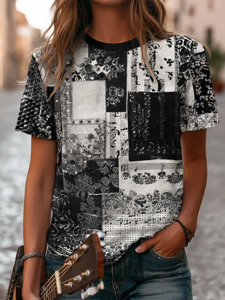Vintage Music Symbol Black And White Print Spliced Short Sleeve T-shirt