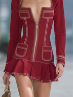 Elegant Fashion Square-neck Front-zip Red Denim Mini Dress