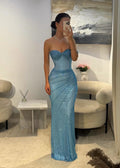 Cocoslly One Shoulder Sweetheart Sleeveless Long Pleated Mermaid Prom Dress With Beadings| Blue Sequins CO0138