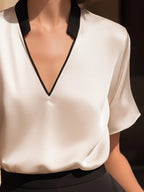 Contrast Trim Satin V-Neck Relaxed Blouse