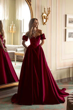Satin V-Neck Off-The-Shoulder Short Sleeves Long A-Line Prom Dress With Embroidered And Pleated WQ0422