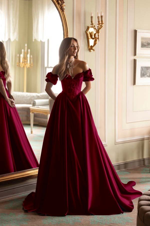 Satin V-Neck Off-The-Shoulder Short Sleeves Long A-Line Prom Dress With Embroidered And Pleated WQ0422
